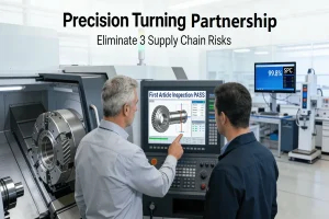 An engineer and a project leader collaborate in front of a high-precision CNC turning center, analyzing the digital twin simulation of a complex shaft with micro-features, symbolizing a technical partnership that eliminates supply chain risks through data-driven manufacturing.